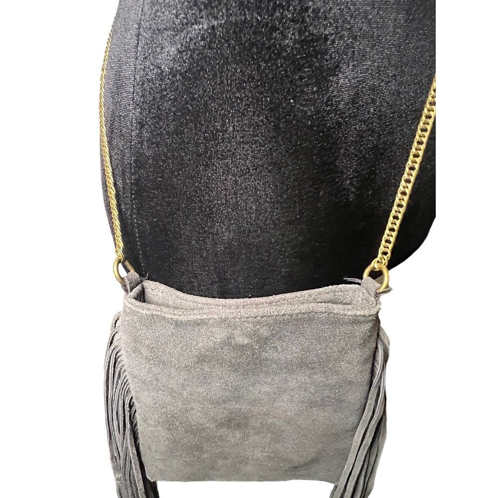 Ecote Suede Fringe Crossbody Bag Chain Strap Gray - Picture 3 of 7